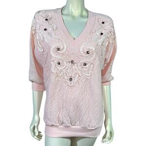 Rafael Small Pink Jeweled Sweatshirt Vintage 1990s Good Condition